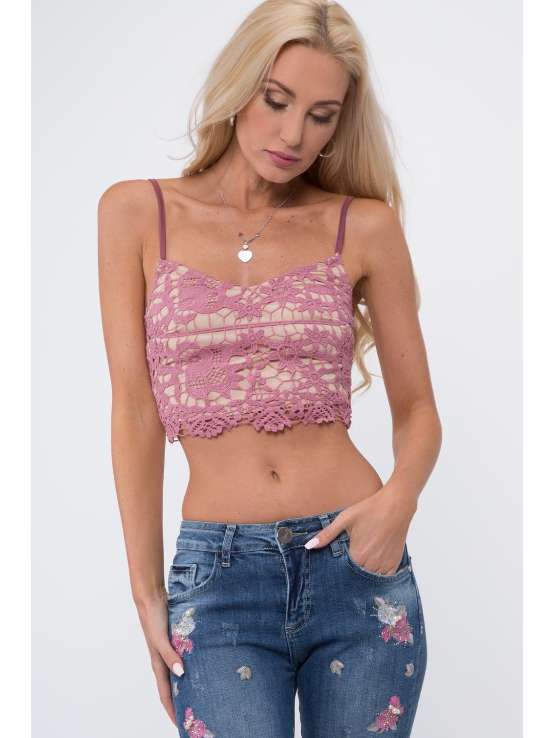 Lace top with zipper, purple ZZ263 - Online store - Boutique